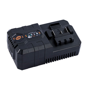 Cordless battery charger with black housing, indicator panel, and charging slots