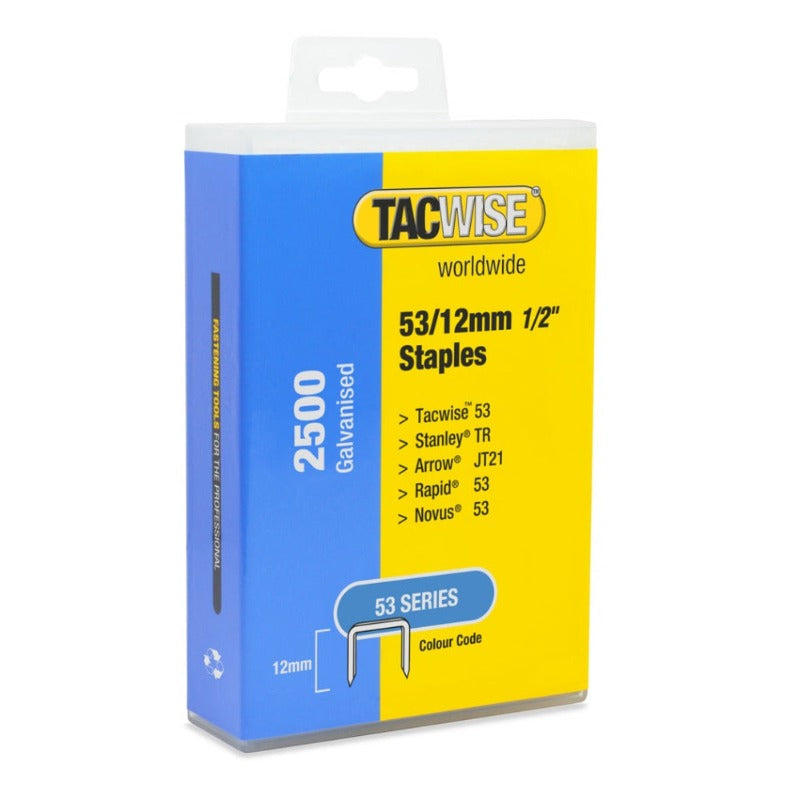 Galvanised collated staples 53/12mm in retail box, 12mm staples with yellow and blue packaging