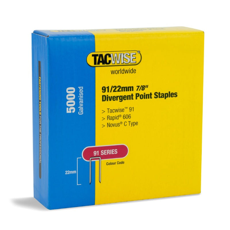 Galvanised narrow crown divergent point staples, 91/22mm, collated in yellow-blue box