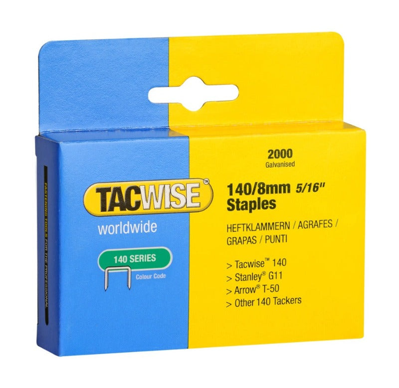 Tacwise galvanized Type 140/8mm staples, 5/16in, 2000-pack box