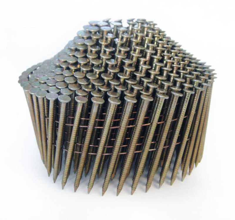 Galvanized conical coil nails, collated heads and pointed shanks close-up