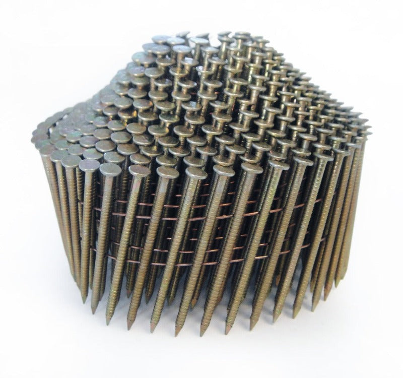 Galvanized conical coil nails, ring-blunt heads and pointed shanks in rows