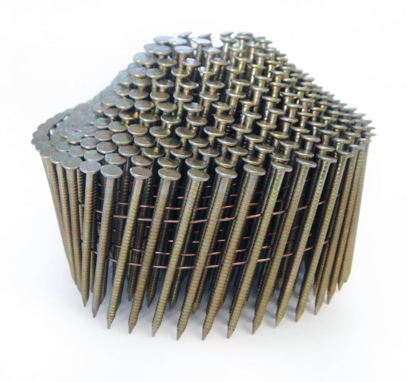 Bright ring conical coil nails, stacked heads and steel shanks
