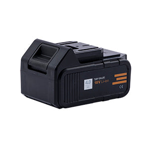 Cordless battery pack with black casing and orange stripe, 18V label