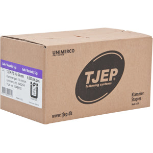 Cardboard box with TJEP branding on a white background