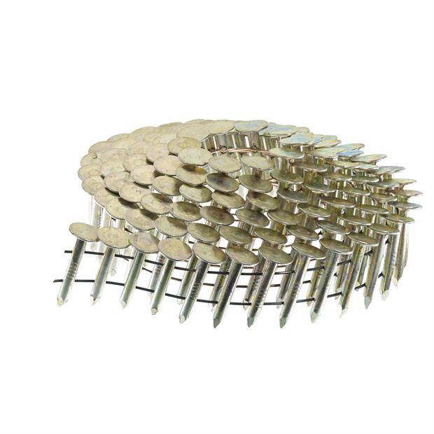 Galvanised roofing coil nails, collated strip, round heads, silver-gold finish