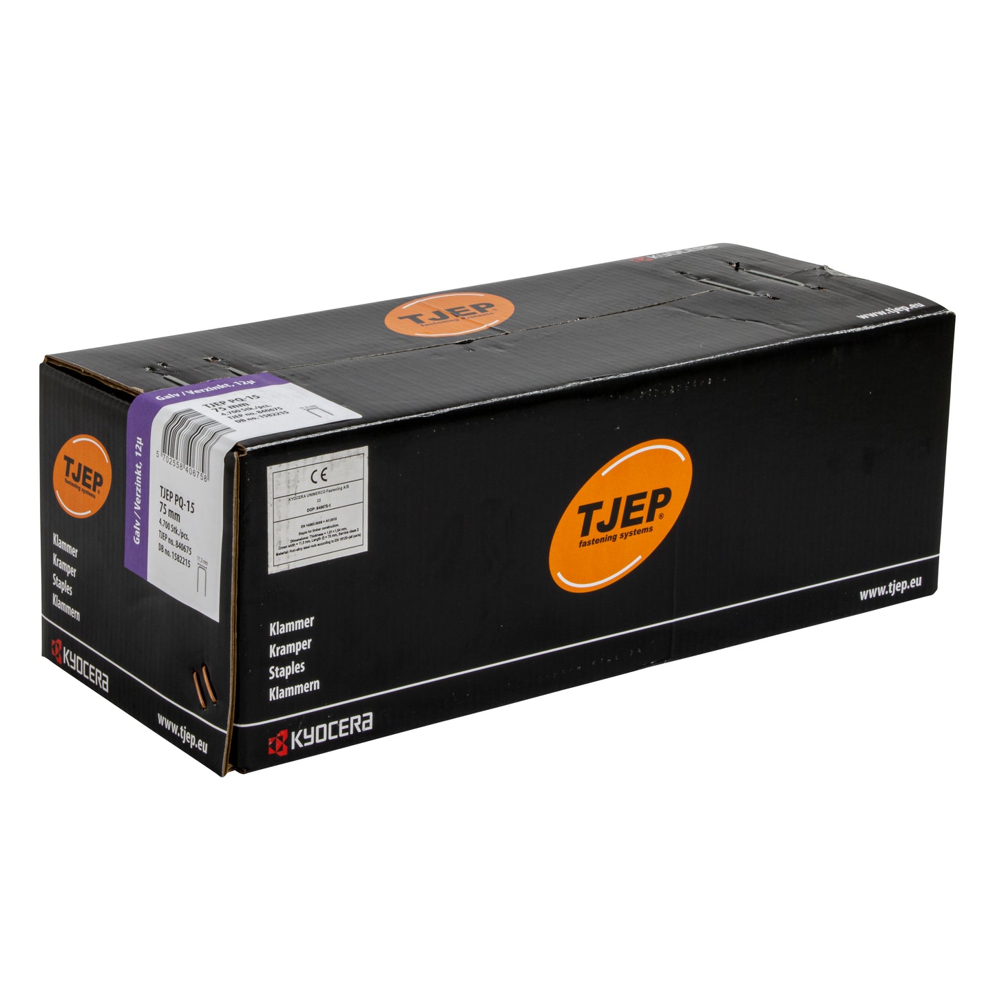 TJEP stapler fasteners box, black carton with orange logo and barcode label