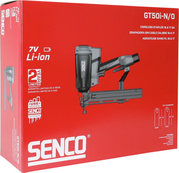 Senco cordless stapler retail box with GT50i-N/O branding and product illustration.