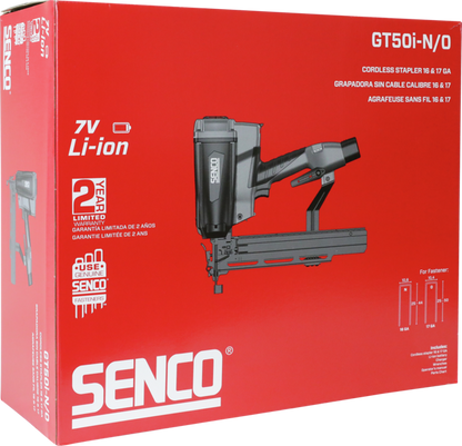 Senco cordless stapler retail box with GT50i-N/O branding and product illustration.