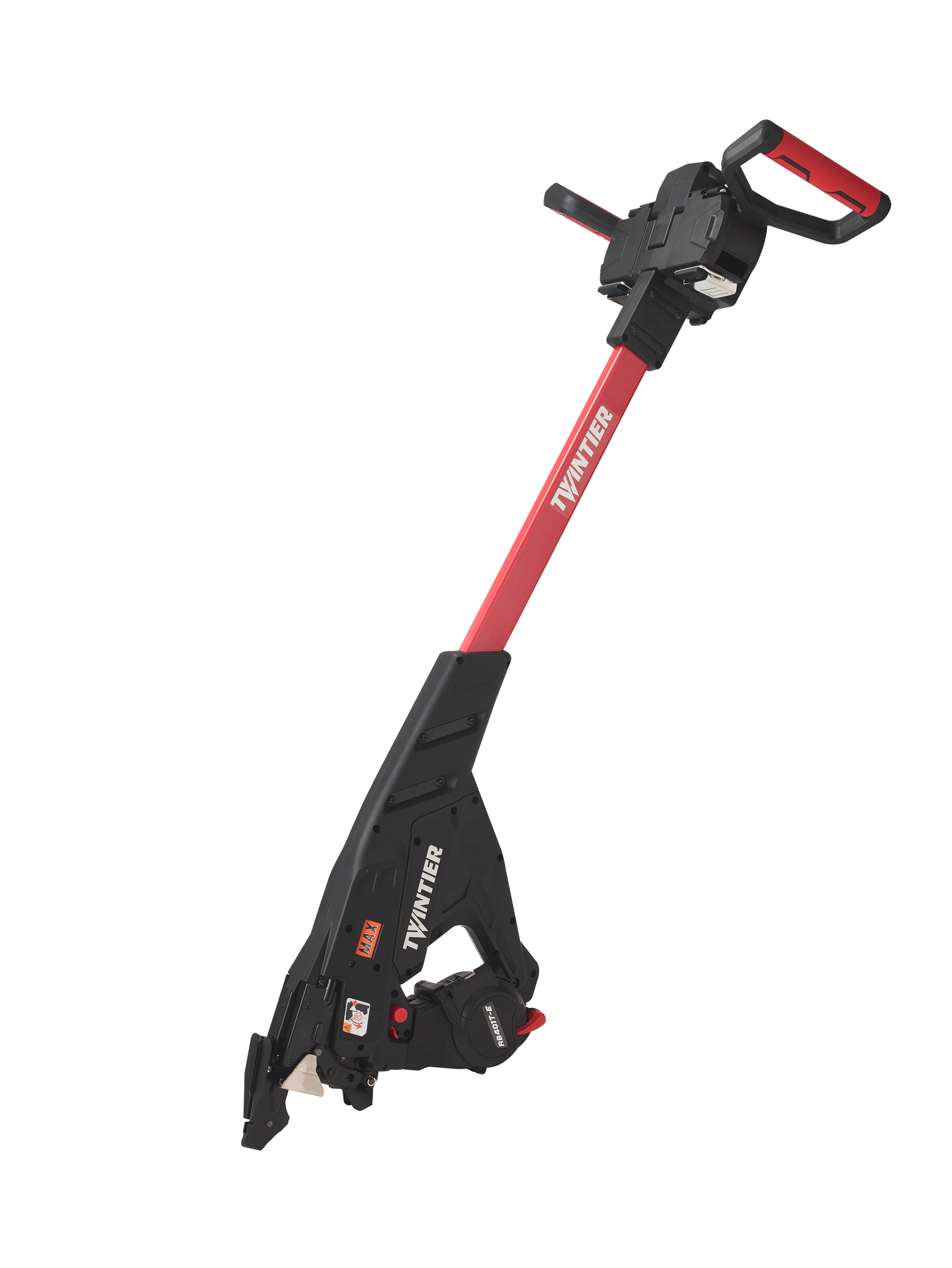 Rebar tying tool with red handle and black TwinTier base