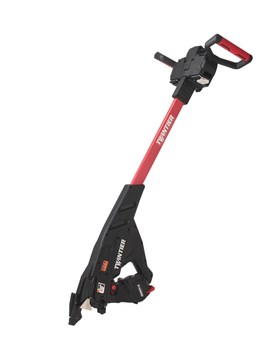Rebar tying tool with red handle and black TwinTier base