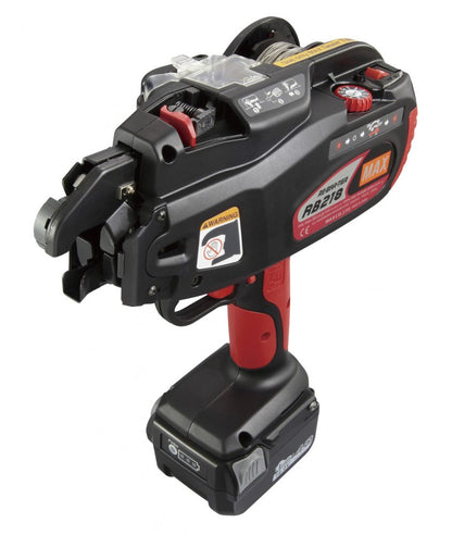 MAX RB218 rebar tying tool, black body with red handle and side buttons