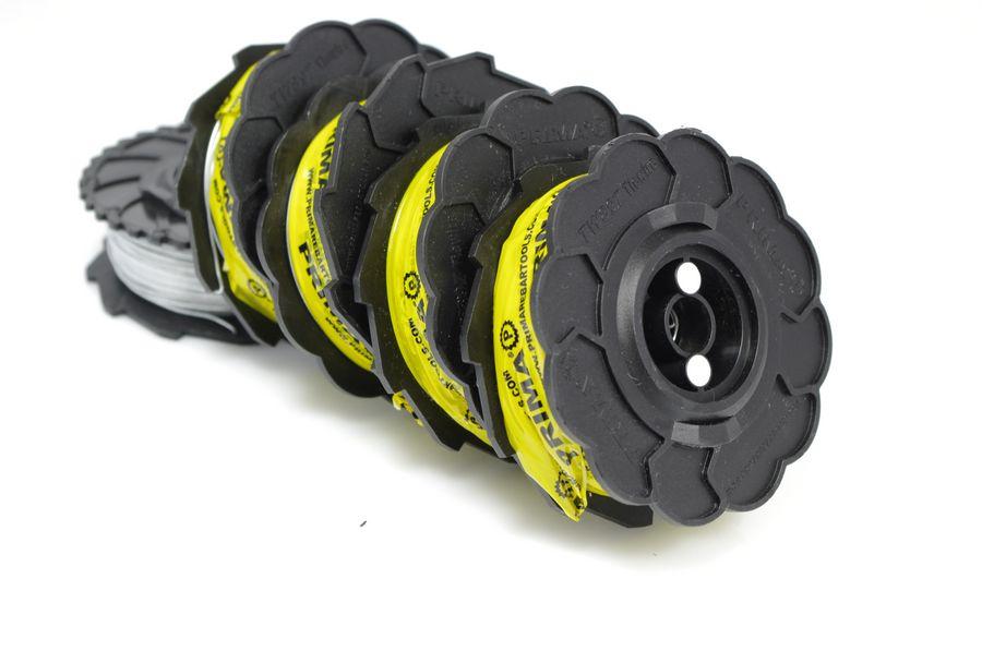 Collated tie wire reel set with black discs, gray wire, and yellow bands
