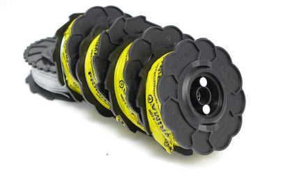 Collated tie wire reel set with black discs, gray wire, and yellow bands