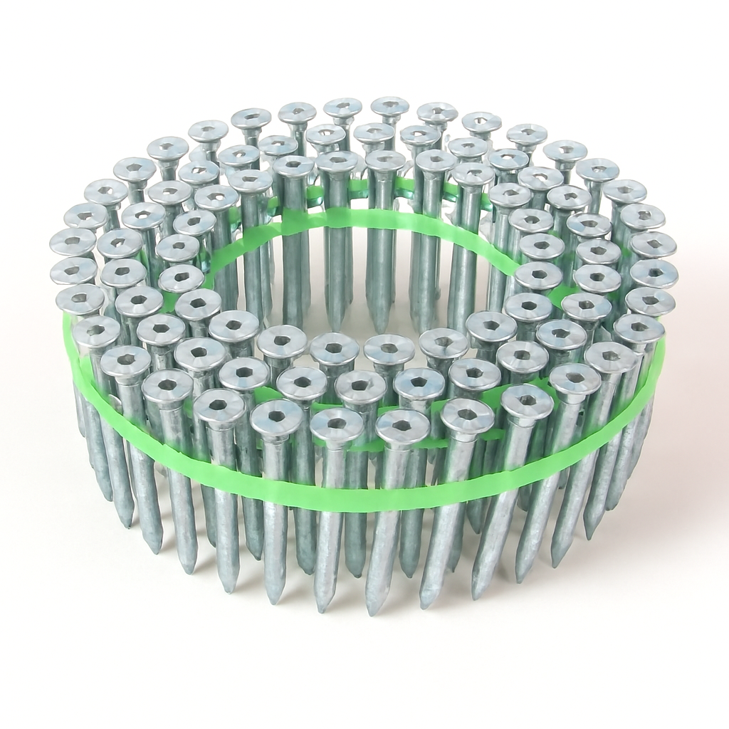 Collated metal nails on green plastic strip, circular bundle