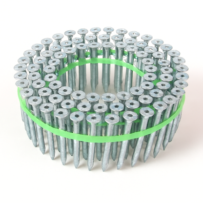 Collated metal nails on green plastic strip, circular bundle