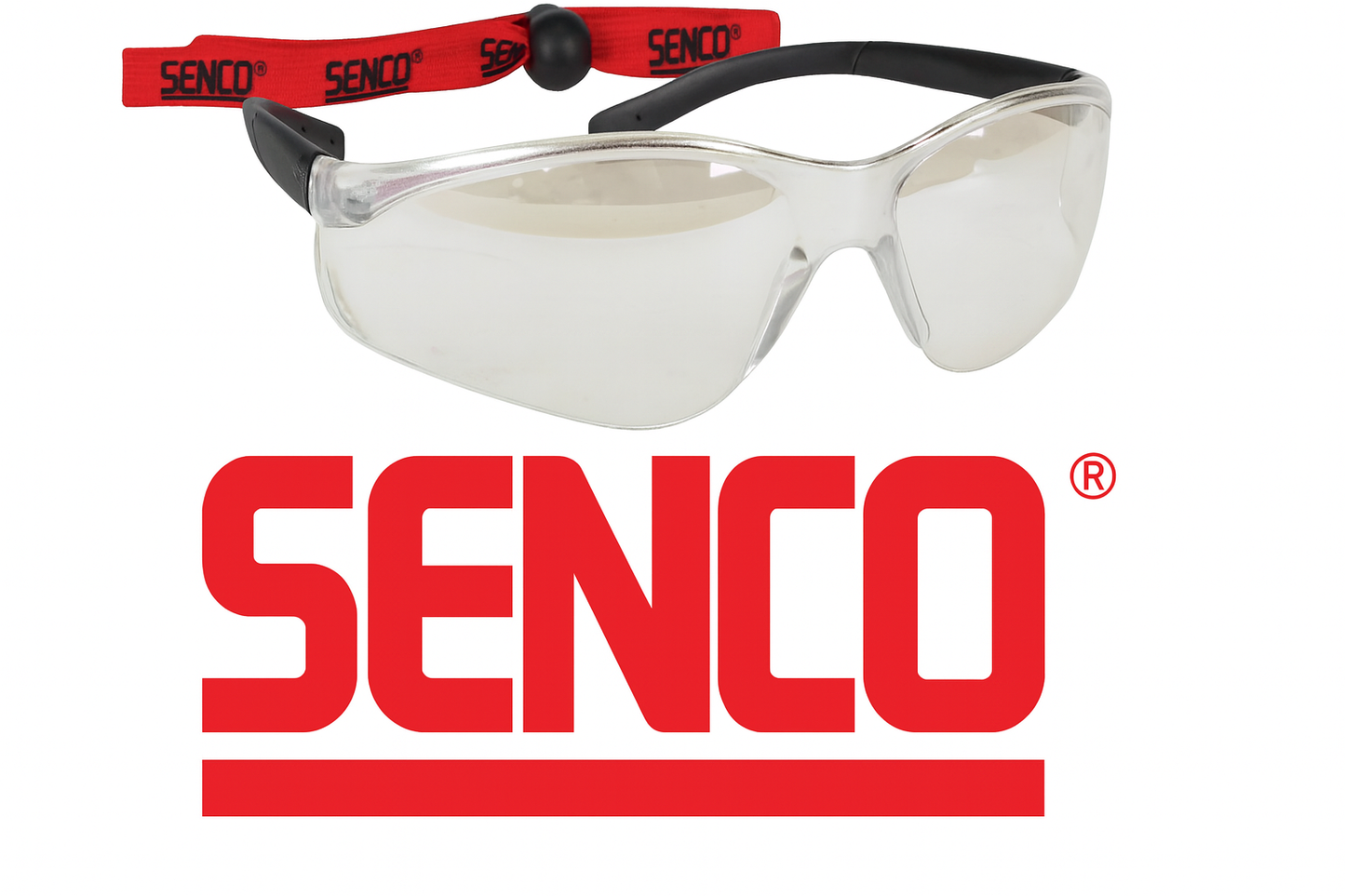 Senco safety glasses with clear lenses on a white background
