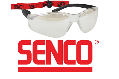 Senco safety glasses with clear lenses on a white background