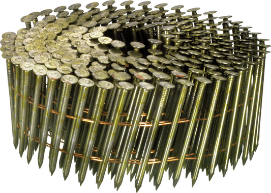 Flat head coil nails in collated strip, gold tone, round shank