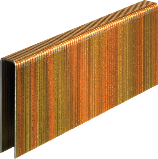 Collated metal staple strip, copper-colored finish, 19 mm staples in a long strip