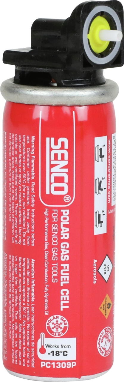 Senco polar gas fuel cell cylinder, red with nozzle valve and warning label