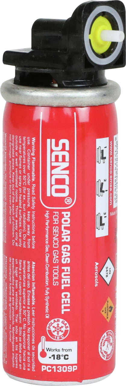 Senco polar gas fuel cell cylinder, red with nozzle valve and warning label