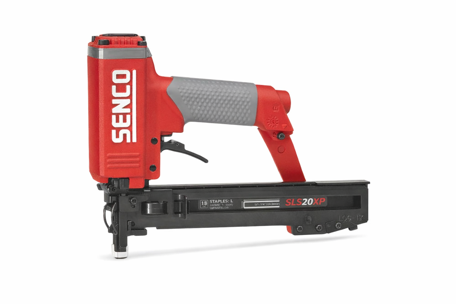 Red Senco collated stapler with gray handle and adjustable base