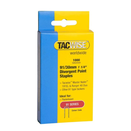 Tacwise 0289 Type 91/30mm Divergent Point Galvanised Narrow Crown Staples