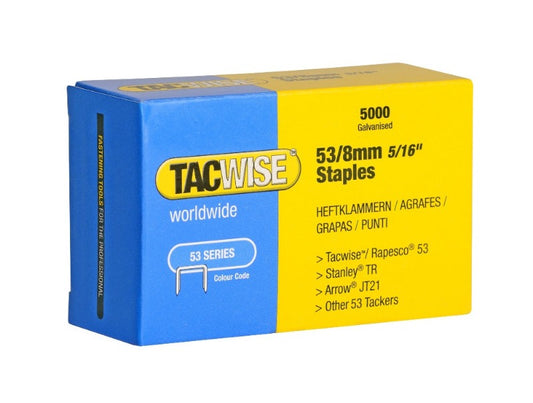 Galvanized staples box, Tacwise 53/8mm (5000) collated fasteners, blue and yellow