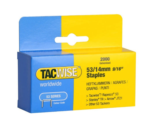 Galvanised collated staples in TACWISE box, 53/14mm 9/16in, 2000 staples