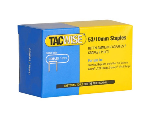 Tacwise staples box, 53/10mm collated galvanised staples, blue and yellow