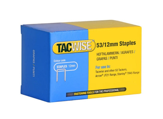 Galvanised staples box, 53/12mm collated fasteners, yellow and blue packaging