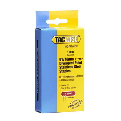 Tacwise 1069 Type 91/18mm Divergent Point Stainless Steel Narrow Crown Staples