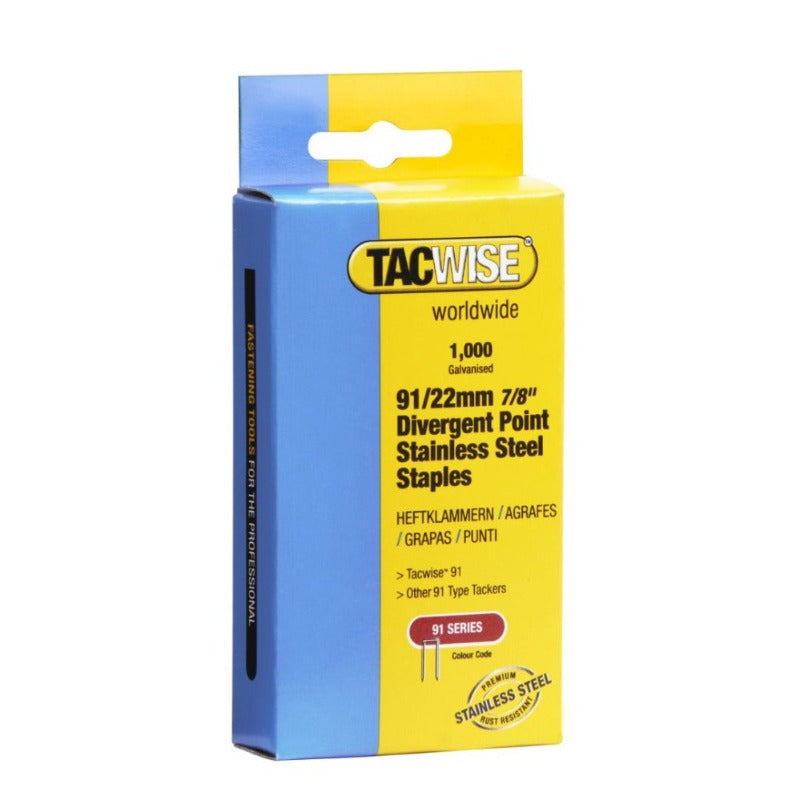 Tacwise 1070 Type 91/22mm Divergent Point Stainless Steel Narrow Crown Staples