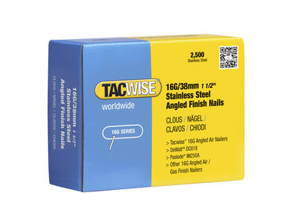 Stainless steel angled brads nail pack, collated, 2,500 nails, Tacwise 16G/38mm