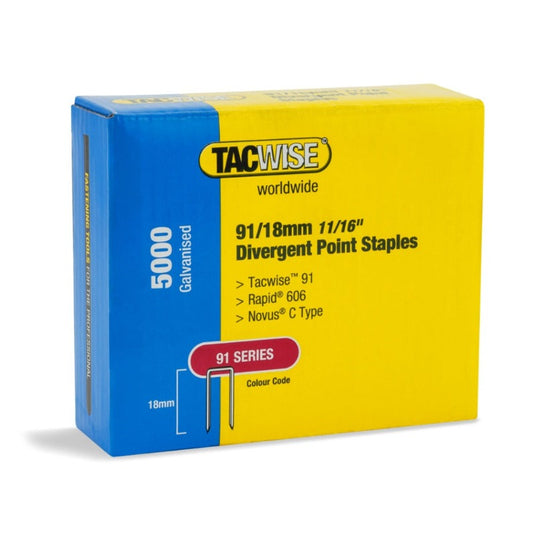 Tacwise 1616 Type 91/18mm Divergent Point Galvanised Narrow Crown Staples