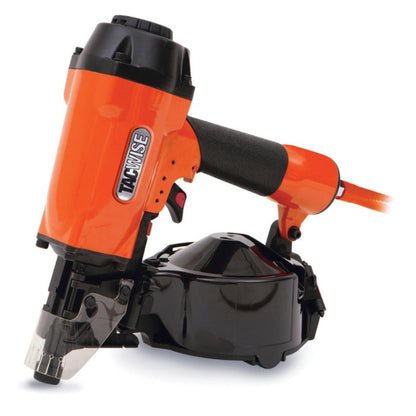 Orange and black coil nailer tool with handle and top cap