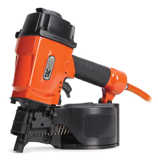 Orange and black pneumatic nail gun with magazine holding collated nails